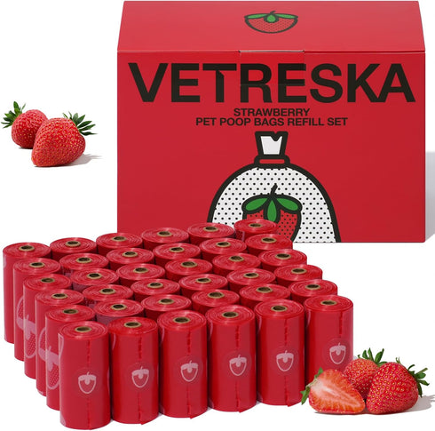 VETRESKA Strawberry Scented Dog Poop Bags, Leak Proof, Extra Thick and Large