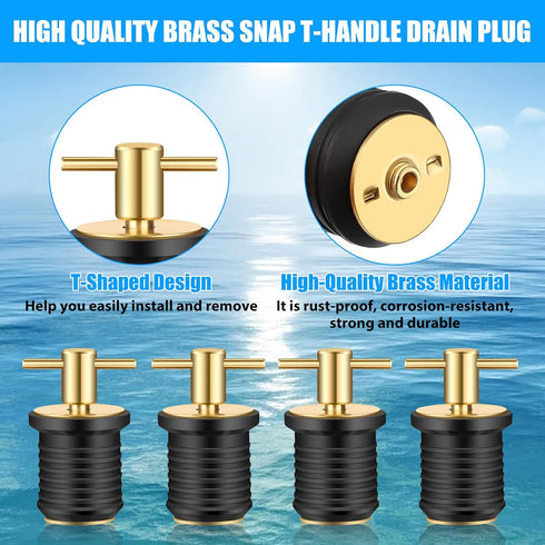 Linkstyle 4 PCS Brass T-Handle Drain Plug, Marine Boat Drain Plugs for 1 Inch Diameter Drains