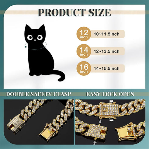 Xuniea 2 Pieces Cat Dog Chain Collar and Sunglasses Set - Rhinestone Collar with Secure Buckle, Gold, Black
