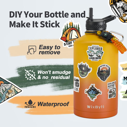 One Gallon Insulated Water Bottle with DIY Stickers, Triple Wall Vacuum Cold for 48 Hrs, 128oz Stainless Steel Jug