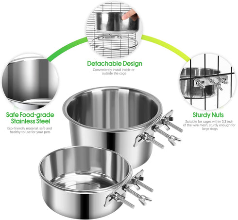 Dog Food Water Bowl for Cage with Clamp Holder, Stainless Steel Hanging Bowls, Non-Spill for Small Medium Large Dogs