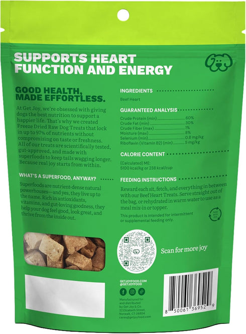100% 2oz Get Joy Freeze Dried Beef Heart Dog Treats, | Single Ingredient Organ Meat, High Protein Raw Dog Food Topper