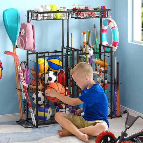 NuoyuanShen 3 Sports Equipment Organizer, Small Garage Ball Storage Rack with Elastic Straps and Hooks, Garage