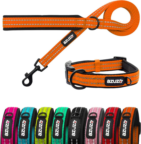 azuza Durable Padded Dog Leash and Collar Set - Reflective Strip for Large Dogs, Extra Safe and Comfy, Orange