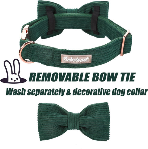 Green Corduroy Dog Collar with Bow Tie, Adjustable Safety Metal Buckle for Large Dogs, XL-Neck 16"-26"