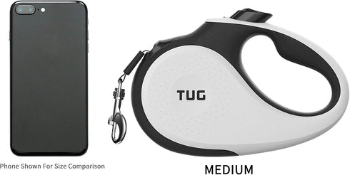 TUG 360° Tangle-Free Retractable Dog Leash, 16 ft Strong Nylon Tape, One-Handed Brake, Medium, White