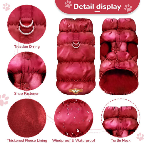 Winter Warm Dog Jacket for Small Medium Dogs, Cold Weather Coats with Harness, Waterproof Fleece Vest (Wine Red, S)