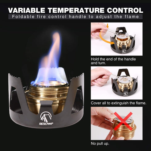 REDCAMP Mini Alcohol Stove for Backpacking - Lightweight Brass Spirit Burner with Aluminium Stand for Camping Hiking