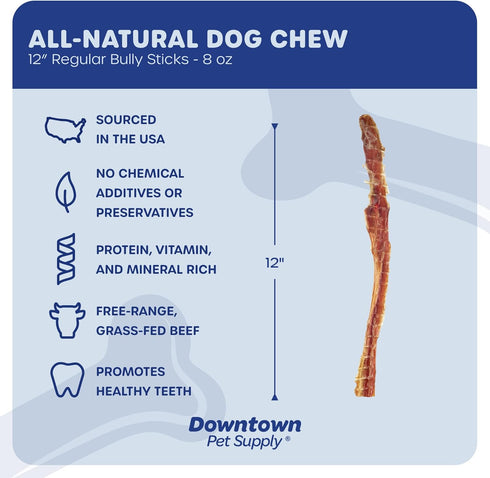 Downtown Pet Supply USA-Made 12-inch Bully Sticks for Dogs, 0.5 LB, Nutrient-Rich, Odor Free Chews