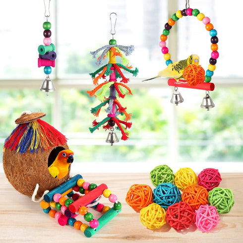 Bird Toys 17 Pcs Hanging Chewing Toys, Climbing Ladder Coconut Bird Cage Toys for Cockatiels, Conures, Finches, Budgies