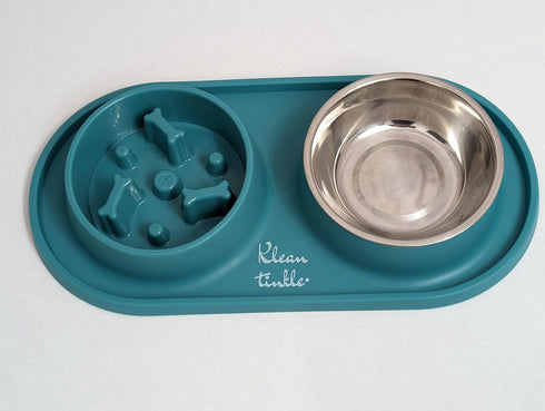 Pets Dog Bowl Set - Removable Double Slow Feeder Bowls with Non-Skid Silicone Mat, Stainless Steel Water Bowl (Dirty