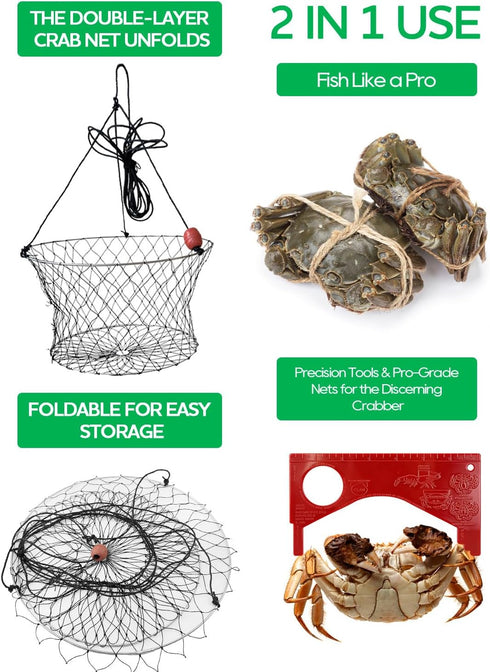 DHOEM 2Pack 24" 20" Double Ring Crab Trap with Bait Clip & Crab Gauge, Top, Bottom, Crabs Snare Fishing Net with Tarred