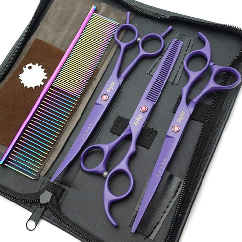 KINGSTAR 7.0in. Set,Straight Set Comb,case,A429 Matt Purple Professional Pet Grooming Scissors & Thinning & Curved