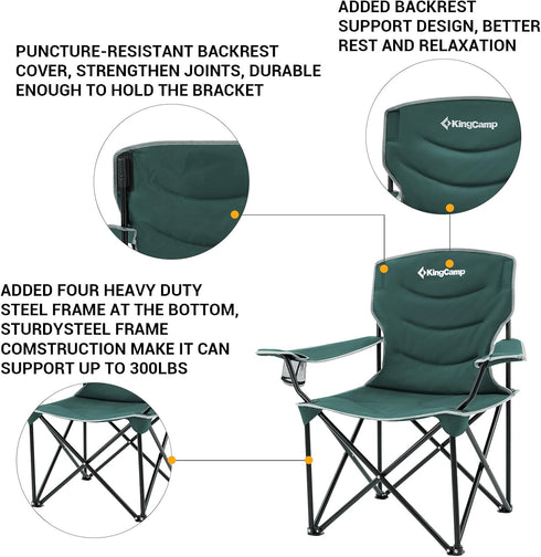 300lbs KingCamp Folding Camping Chair Oversized Portable Lawn Chair Padded Quad Chair with Cup Holder and Carry Bag