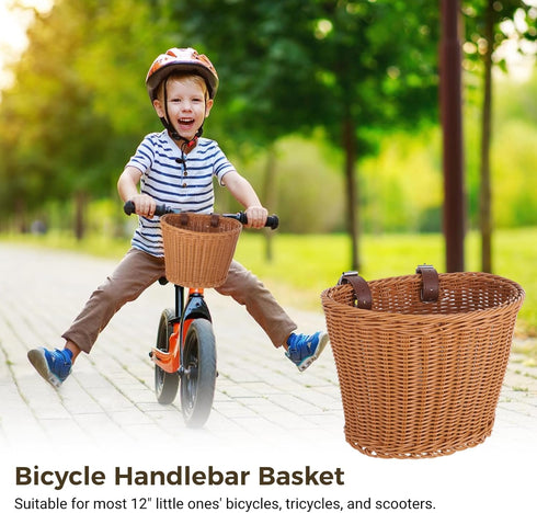Kid's Bike Basket Front, Bicycle Hanging Basket with Adjustable PU Belts, Weatherproof Rattan Storage