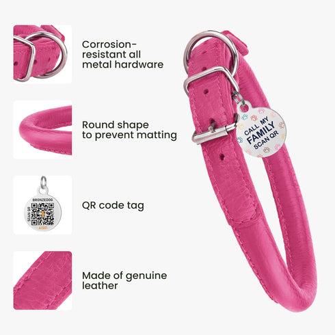 Rolled Leather Dog Collar, Soft Round Collars with ID Tag for Small Medium Large Dogs (11-14 inch, Rose & Silver Buckle)