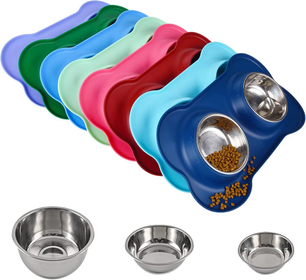 Dog Bowls 2 Stainless Steel Bowls for Pet Food and Water Feeder with Non Spill Skid Resistant Silicone Mat