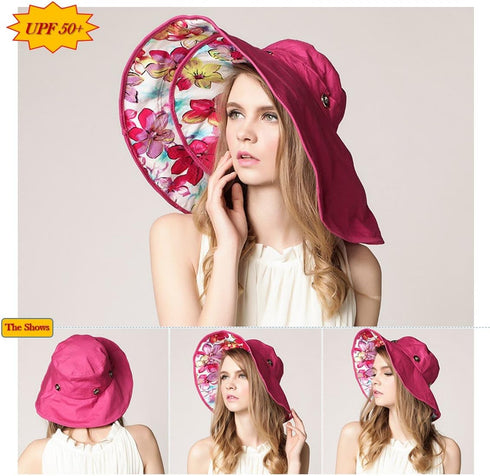 Packable Extra Large Brim Floppy Sun Hat - Reversible UPF 50+ Beach Sun Bucket Hat