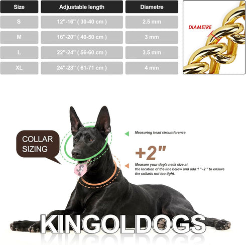 Gold Dog Chain Collar - Adjustable Stainless Steel 18K Cuban Link for Large, Medium, Small Dogs