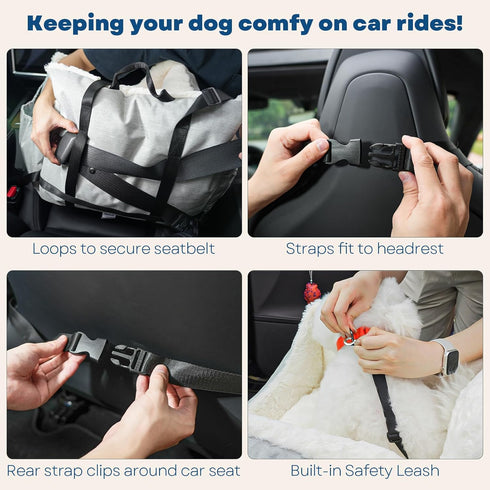 20 LBS 2-Sided Milk and Soda Small Dog Car Seat Bed for Small Dogs Under with Pillow, Side Pockets, Clip on Leash