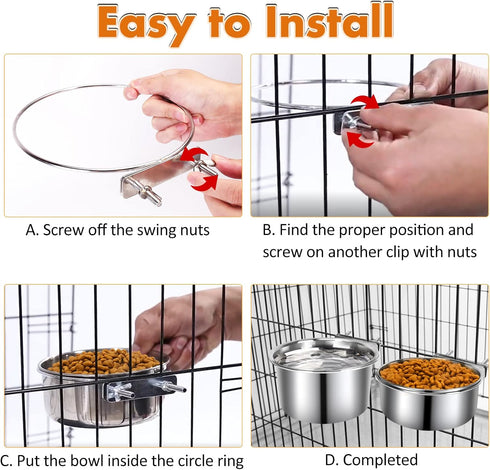 Dog Crate Water Bowl, 2 pcs Stainless Steel Large Dog Bowls 40oz & 60oz, Durable Anti-Spill Pet Metal Bowl