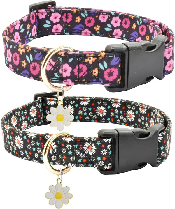2 PCS Adjustable Cotton Dog Collar, Soft Cute Flower Design - 3 Sizes for Small, Medium & Large Dogs (Flower-4,