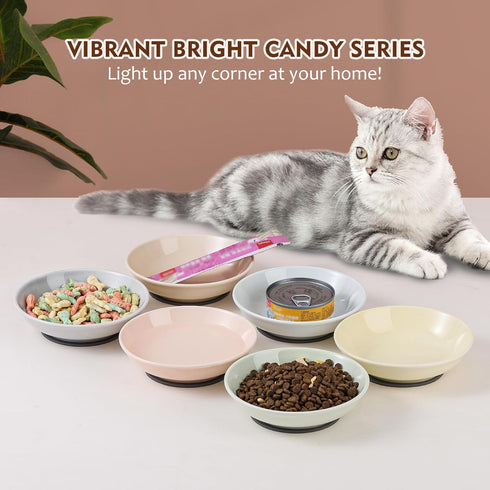 Ceramic Cat Food Bowl Set, Colorful Feeding Bowls with Non-Slip Mat, Wide Shallow Cat Dish - 6 Pack, 8.5 oz