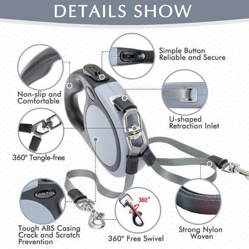 KOOLTAIL Dual Retractable Dog Leash for Two Dogs, Heavy Duty Double Headed 16 ft, Tangle-Free, Grey