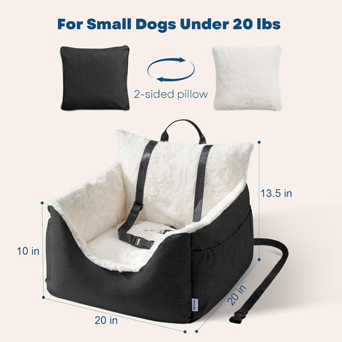20 LBS 2-Sided Milk and Soda Small Dog Car Seat Bed for Small Dogs Under with Pillow, Side Pockets, Clip on Leash