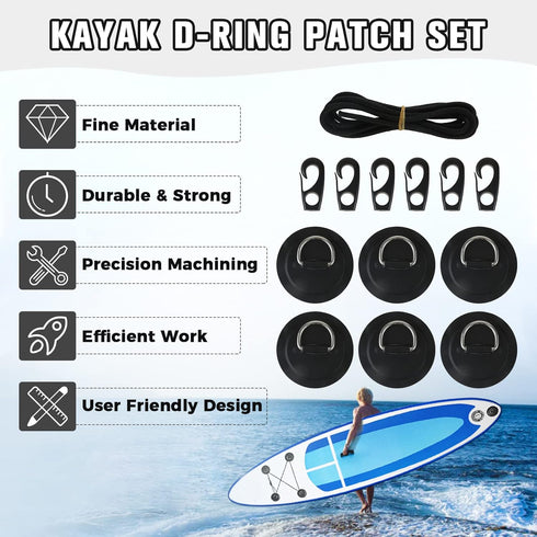 Yetaha 6 Pack Stainless Steel D Rings, PVC Patch, Bungee Cord with Hooks for Inflatable Boat