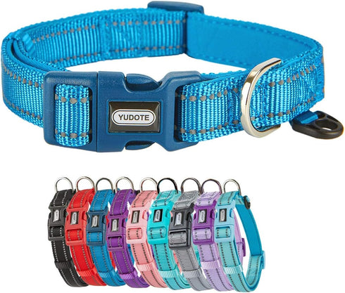 Reflective Nylon Padded Dog Collar - Adjustable Soft Pet Collars for Small Medium Large Dogs (Blue)