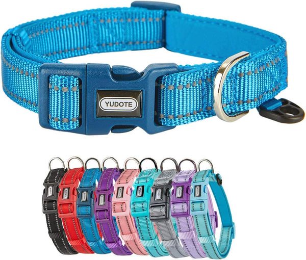 Reflective Nylon Padded Dog Collar - Adjustable Soft Pet Collars for Small Medium Large Dogs (Blue)