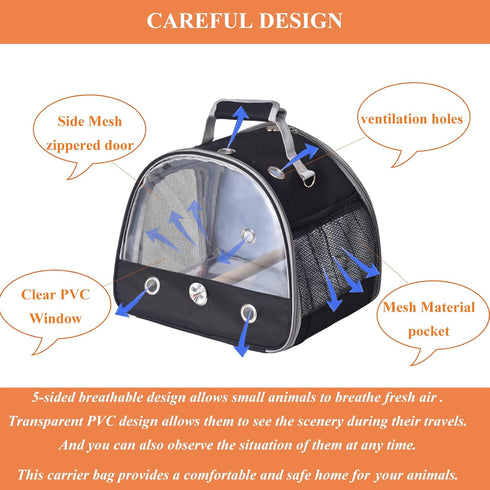 Bird Carrier Travel Cage - Small Bird Travel Cage for Parrot with Stand and Shoulder Strap (Black)