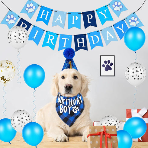 Sumind 18 Pcs Dog Birthday Party Supplies, Pet Birthday Bandana, Balloon Banner, Hat with 0-8 Figures, Touch Ink Pad,