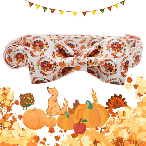 Thanksgiving Turkey Dog Collar Gift - Soft Bow Adjustable Metal Buckle Collar for Medium Dogs