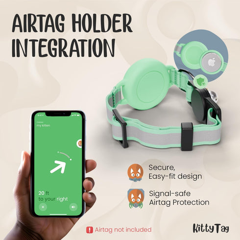 KittyTag (9-12") Cat Collar with Airtag Holder, Breakaway Air Tag Collar for Apple airTag, Reflective & Luminous