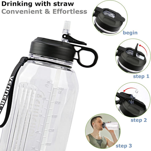 Large Water Bottle with Straw, VENNERLI Portable Sports Water Bottle 2.2L BPA-Free for Hiking and Camping