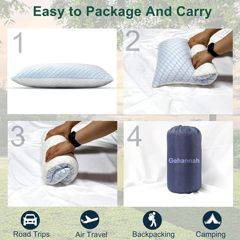 Gehannah Travel Pillow, Large Compressible Camping Pillow with Shredded Memory Foam and Storage Bag for Outdoor Gear
