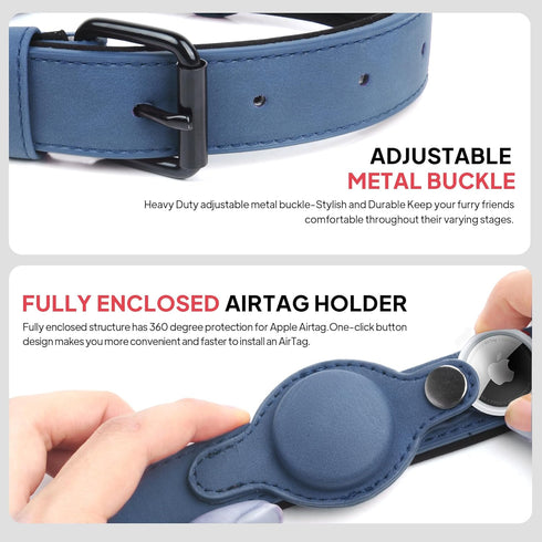 PetiFine AirTag Dog Collar, Leather Collar with Airtag Holder, Soft Padded Adjustable for Small Medium Large Dogs (L,
