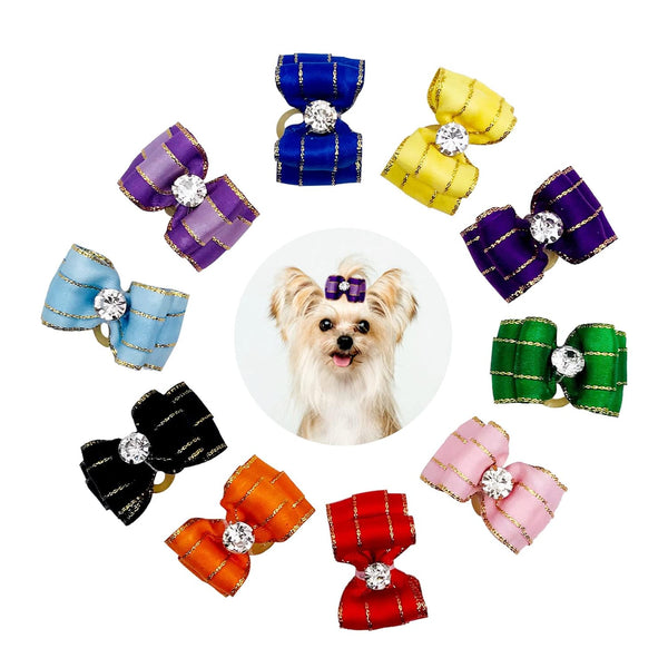 20Pcs/10pairs Small Dog Hair Bows with Rubber Bands, Rhinestone Puppy Hair Bows for Small Medium Pets (Purple Pink Blue)