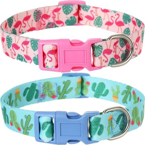 Spring Summer Dog Collar 2 Pack, Flamingos Cactus Print Hawaiian Collar for Medium Dogs, Boy Girl