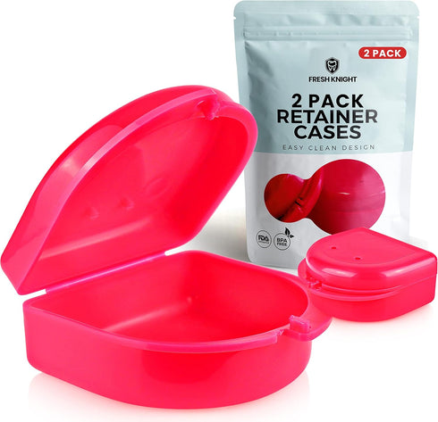 FRESH KNIGHT Retainer Case (2 Pack) with Vent Holes for Denture, Mouth Guard, Aligners - Bright Pink