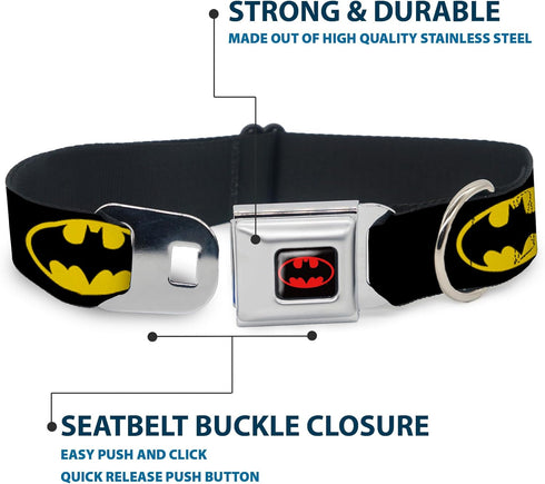 Dog Collar Seatbelt Buckle Batman Shield, Black Yellow, 15 to 26 Inches, 1.0 Inch Wide