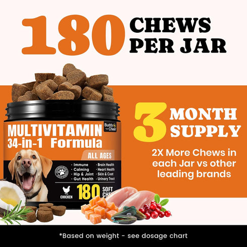 34-in-1 Immune (90-Day Dog Vitamins & Supplements Pet Multivitamin Softchews, Daily Dog Supplements for Hip & Joints