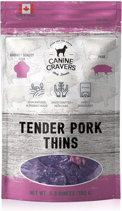 Canine Cravers Single Ingredient Dog Treats, Human Grade Air Dried Pet Food, Pork Thin Tenders, 5.3 oz