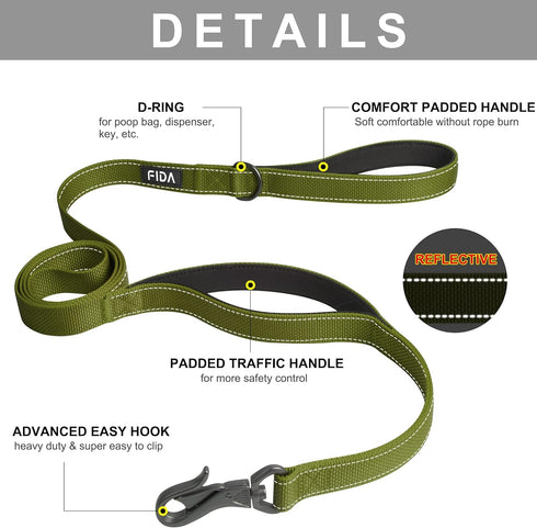 Fida 4 FT Heavy Duty Dog Leash - Green with 2 Padded Handles, Traffic Handle & Easy Snap Hook for All Breeds