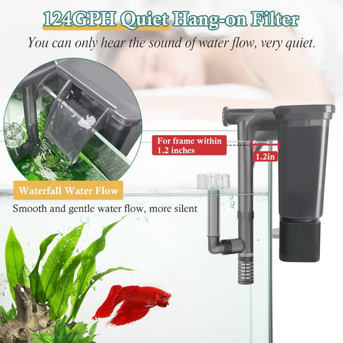 5W Hang on Aquarium Filter, Ultra Quiet 124 GPH with Filter Sponge and Activated Carbon for 4-20 Gallon