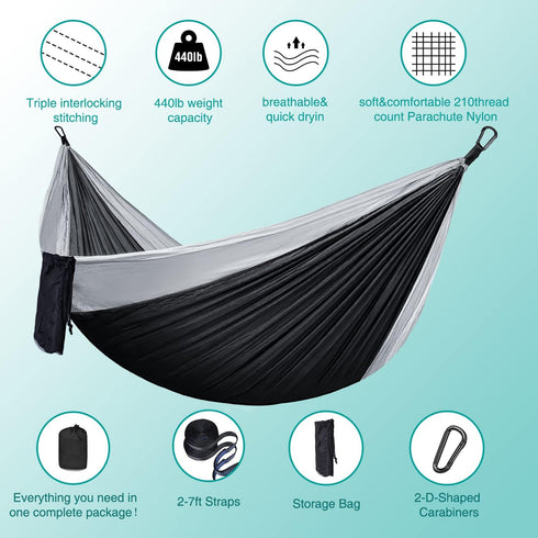 Hammock Camping, Portable Single/Double Hammocks for Outdoor Hiking, 210D Nylon Hammock Swing (Black/Gray)