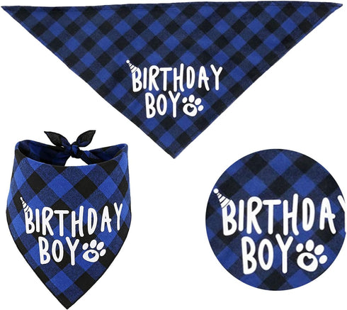 Dog Bandana Hat Scarf Set, Happy Birthday Banner with Cute Bow Tie Collar for Boy Girl Puppy, Classic Plaid Design