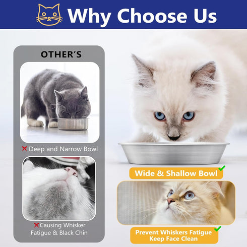 5.9'' Wide Whisker Friendly Cat Bowl, 304 Stainless Steel Bowls Set, 2 Pcs Shallow Metal Dish for Cats